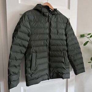 NEW Rains Puffer Jacket Hooded Full Zip Olive Green Womens XS Waterproof Coat